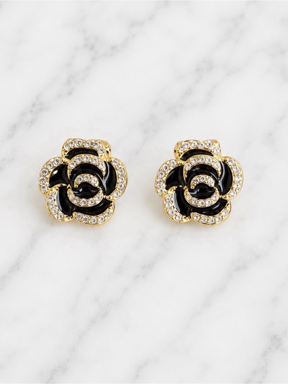 Black Floral Stud Earrings With Clear Crystal Accents-Gold Hardware
